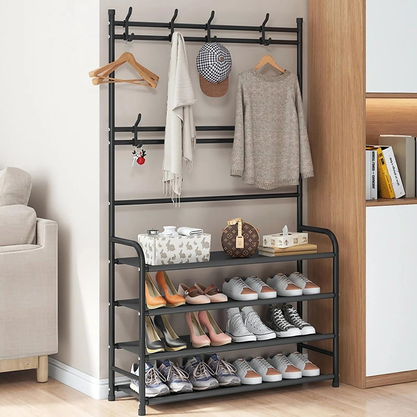 Mueble Organizador 3 en 1 – Zapatero, Perchero y Estante